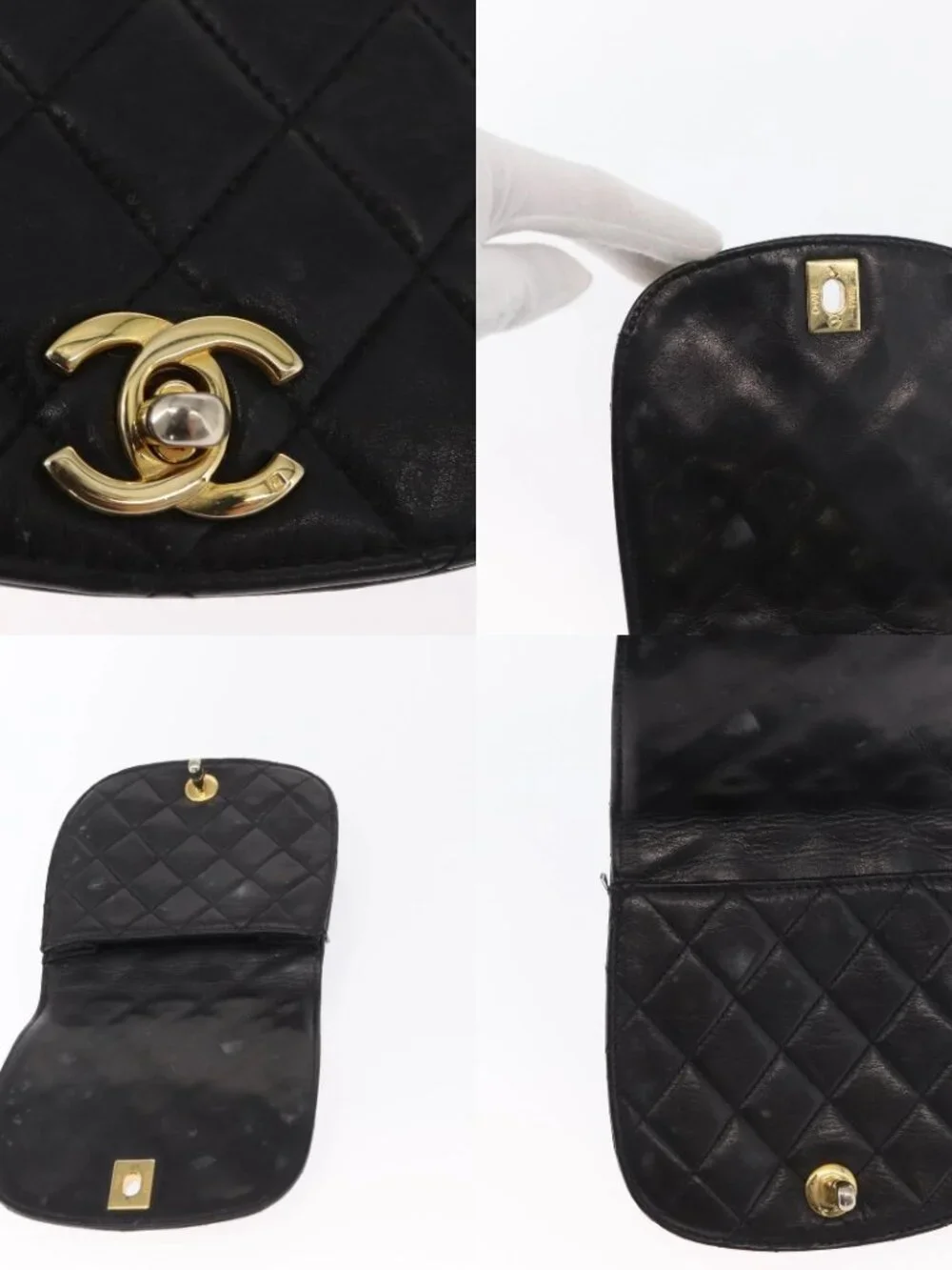 CHANEL Pouch Lamb Skin Black Gold CC Auth 165615